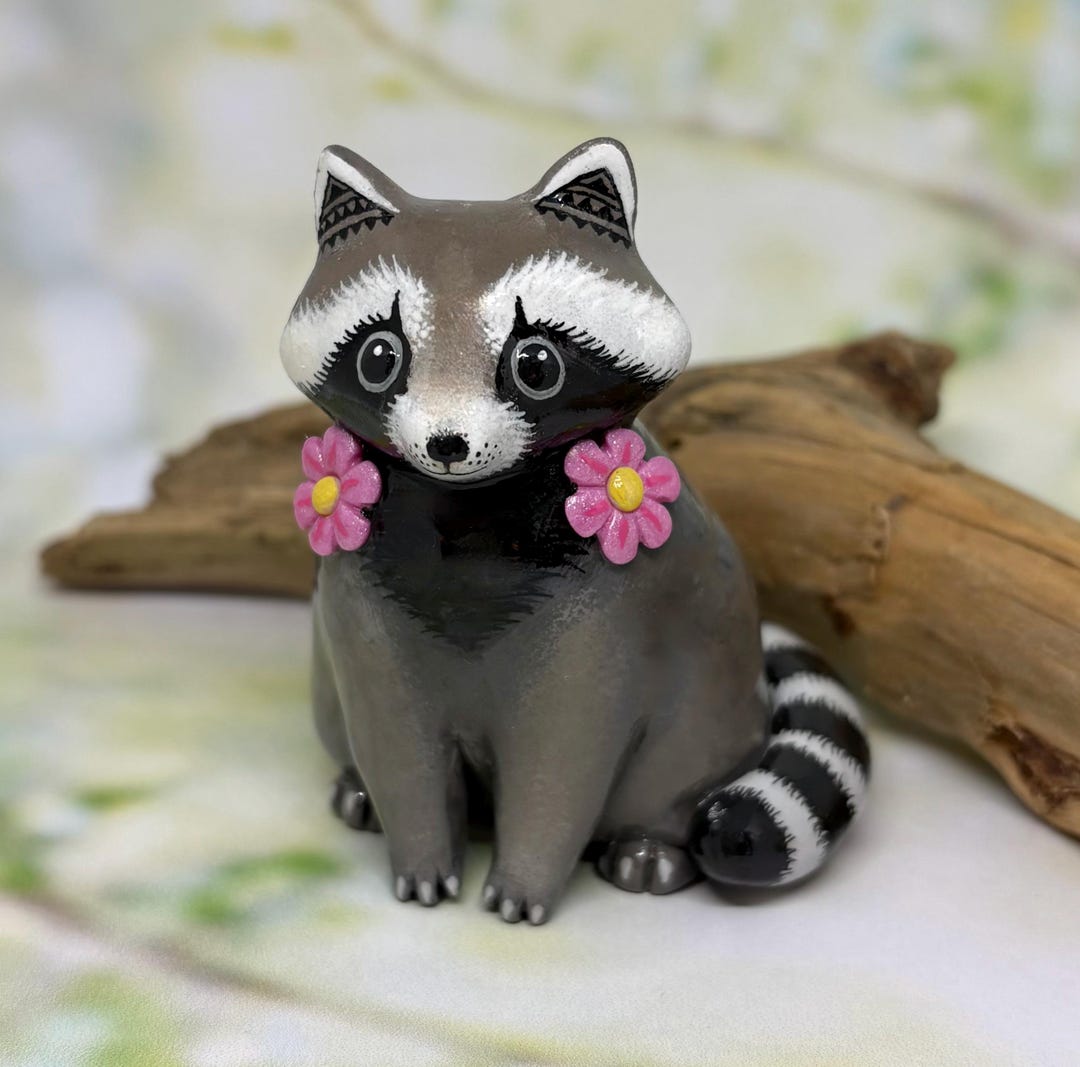 Raccoon With Pink Flowers, Polymer Clay Handmade Figurine - Etsy