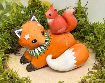 Roter Fuchs mit Eichhörnchen Freund Polymer Clay handgefertigte Figur