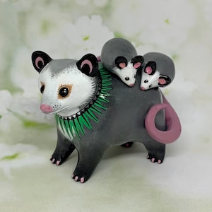 Opossum with babies polymer clay animal figurine