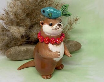 Otter With a Fish Polymer Clay Handmade Figurine UK