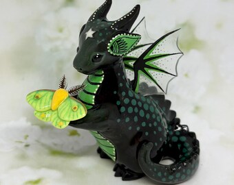 Dragon with Luna moth figurine, polymer clay handmade fantasy art