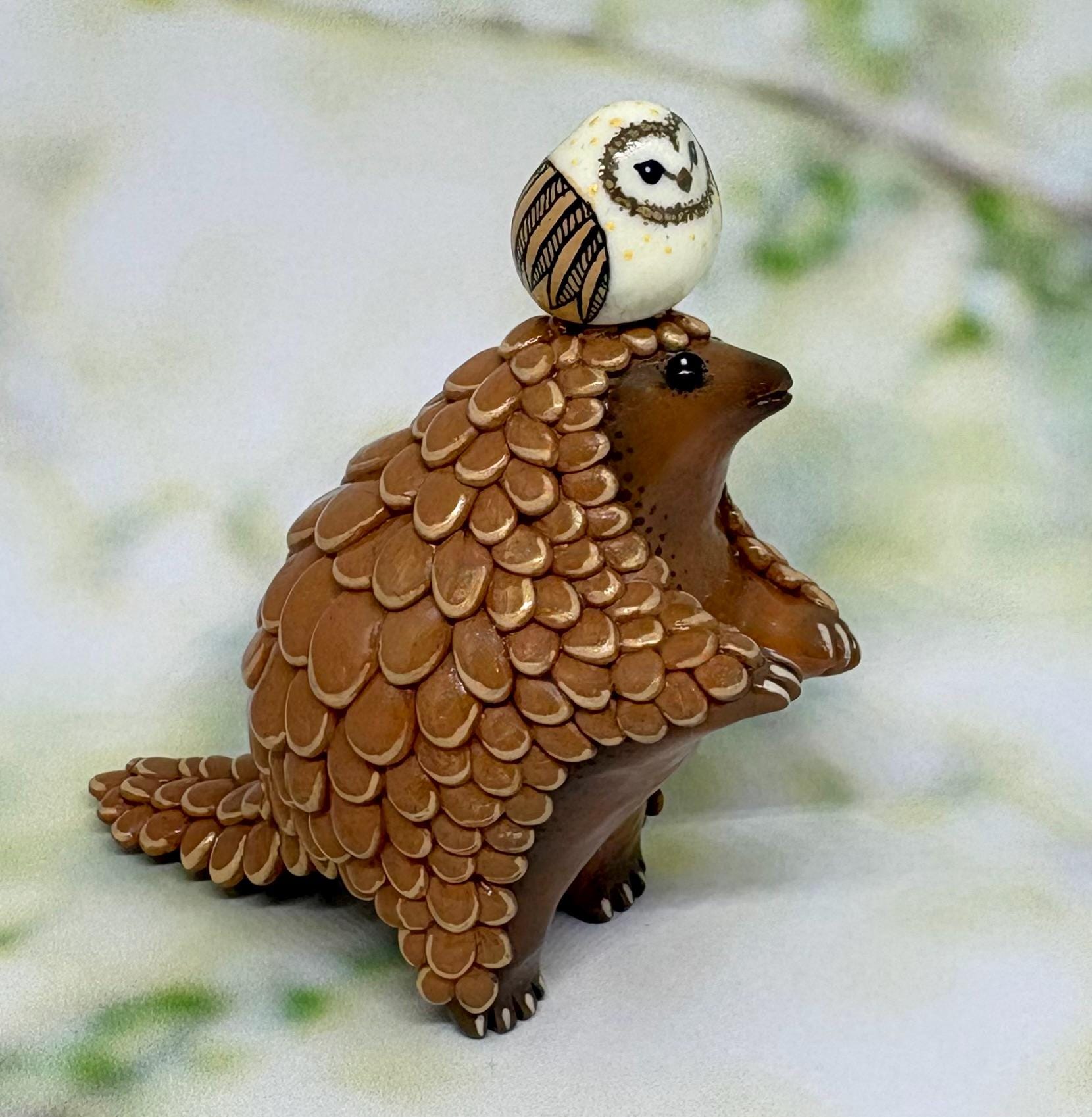 Pangolin with owl friend polymer clay animal totem, handmade figurine