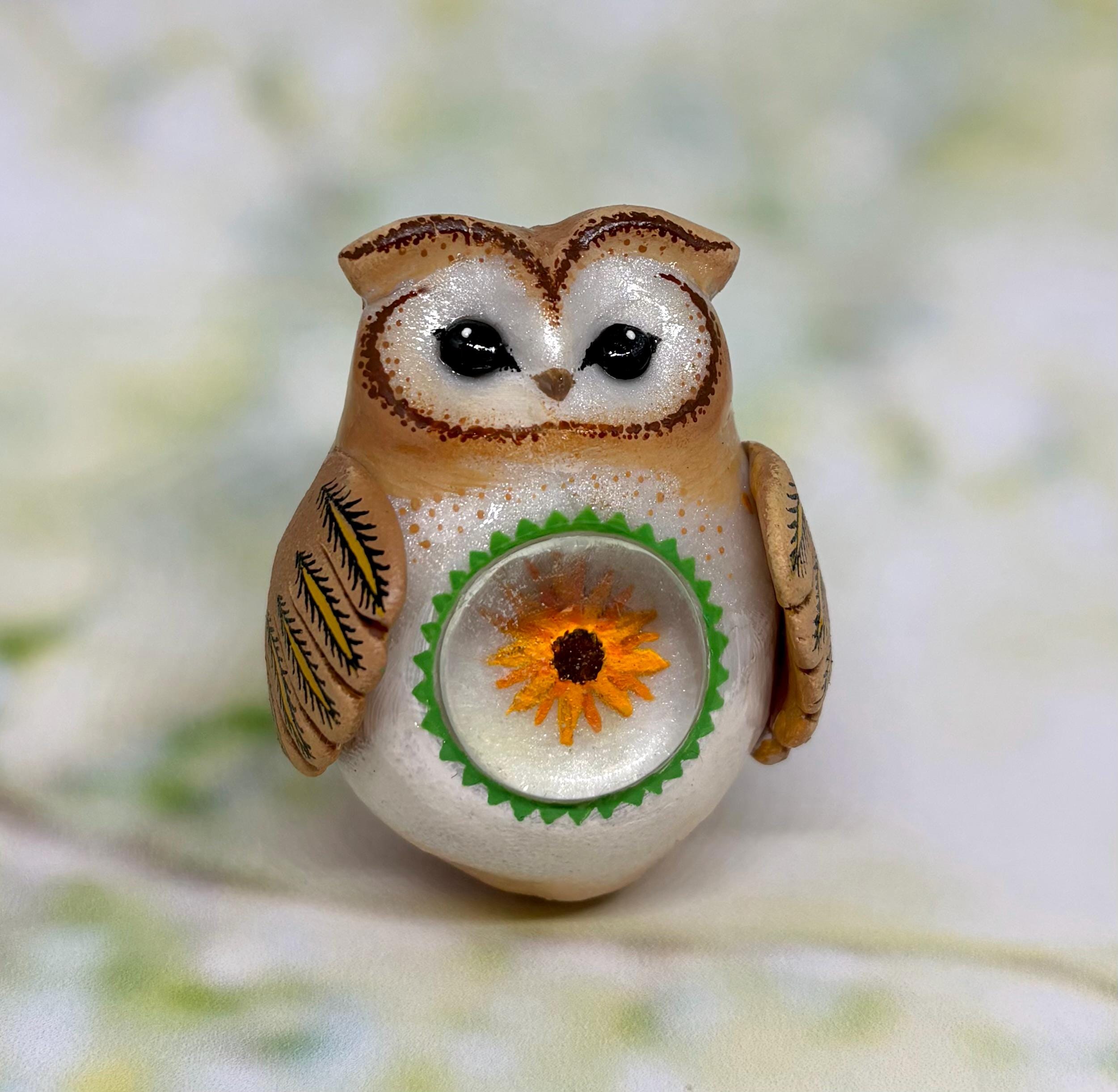 Mini owl with glass belly and flower polymer clay handmade figurine