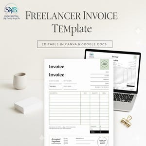 May include: A freelancer invoice template with the text "Freelancer Invoice Template" and "Editable in Canva & Google Docs." The invoice is displayed on a laptop and a printed sheet, with a gold paper clip and a white ceramic cup.