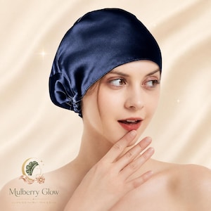 Bonnet de nuit en soie, 100 % soie de mûrier double épaisseur, avec masque de sommeil ajustable et bandeau post-partum, bleu marine