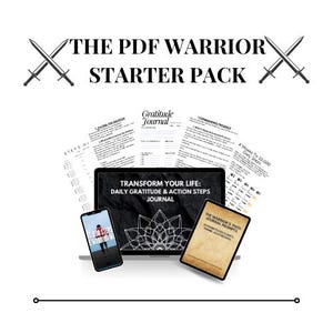 Può includere: Il PDF Warrior Starter Pack, con laptop, smartphone e diario. Lo schermo del laptop mostra "Trasforma la tua vita: Diario quotidiano di gratitudine e passi d'azione". Lo smartphone mostra una persona che cammina.