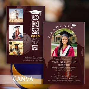 Plantilla de invitación de graduación de voleibol / Invitación editable de 5x7 / Noche de graduación, celebración de equipo / Descarga instantánea / Borgoña / Granate