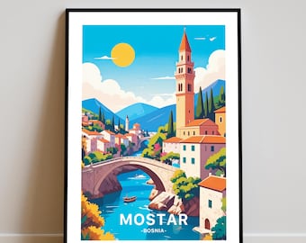 Mostar Bosnia Travel Poster Vintage Wall Art Stari Most Bridge River Landscape Print Balkan Architecture Decor Retro City Artwork