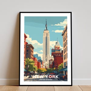 New York City Travel Poster Empire State Building Print Urban Skyline Wall Art Vintage Retro NYC Street Scene Architecture Decor