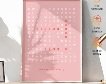 Personalisierte Familiennamen Wort Suchwort Wand Kunst Druck, Benutzerdefinierte Typografie Poster mit 15 Farboptionen, Einzigartiges Wohndekor