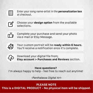 K&ouml;nnte beinhalten: Wei&szlig;es Grafik mit Anweisungen zur Bestellung eines individuellen digitalen Portr&auml;ts. Der Text enth&auml;lt Schritte zur Personalisierung, Designauswahl, Foto&uuml;bermittlung und zum Herunterladen der digitalen Datei. Das Produkt ist digital.