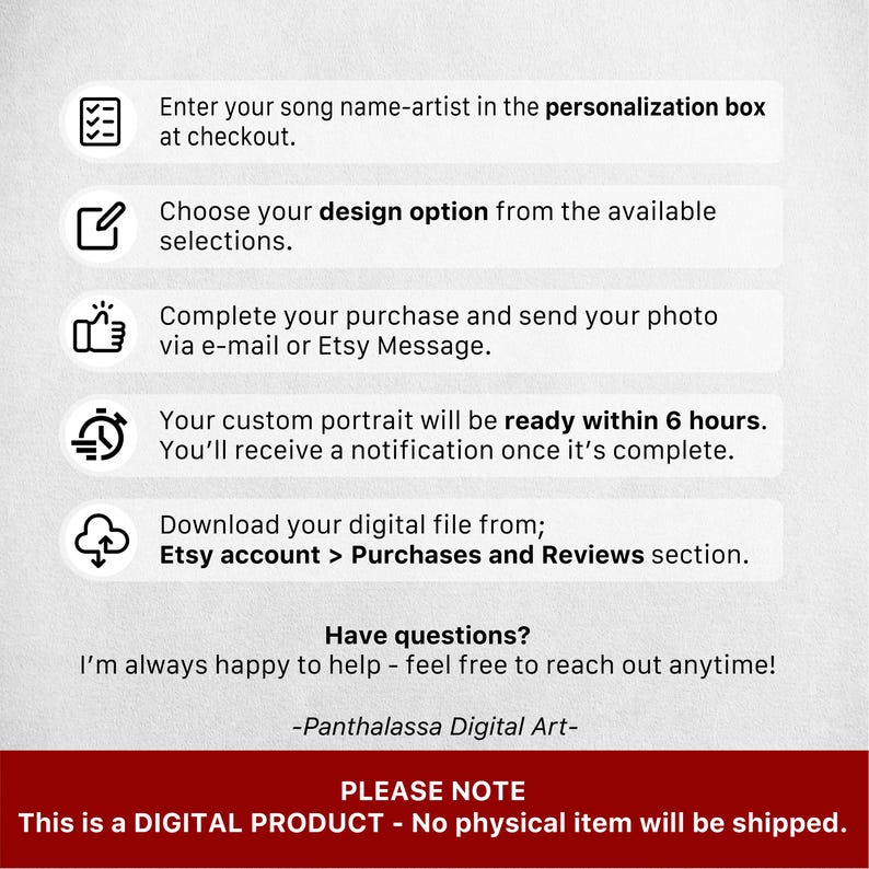 K&ouml;nnte beinhalten: Wei&szlig;es Grafik mit Anweisungen zur Bestellung eines individuellen digitalen Portr&auml;ts. Der Text enth&auml;lt Schritte zur Personalisierung, Designauswahl, Foto&uuml;bermittlung und zum Herunterladen der digitalen Datei. Das Produkt ist digital.