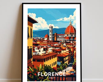 May include: A framed art print of Florence, Italy, featuring a vibrant cityscape. The artwork showcases the Duomo's red dome and Giotto's Campanile, with colorful buildings under a blue sky. The text "FLORENCE - ITALY" is at the bottom.