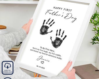 Erster Vatertag Handabdruck Art Printable, individuelles Babygeschenk mit Namen Datum und Nachricht, personalisierter digitaler Download in 4 Stunden
