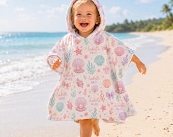 Custom Kids Hooded Towel, Personalized Toddler Beach Poncho, Seashell Girl Swim Cover Up, Ocean Pool Accessory, Cute Summer GIFT 2026