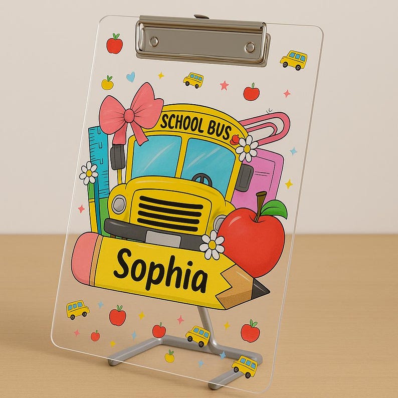 May include: A clear acrylic clipboard with a school bus, apple, and pencil design. The clipboard features the name "Sophia" and is decorated with school-themed illustrations, including apples and school buses.