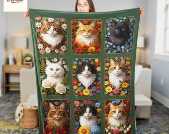 Cat Lover Quilt Blanket, Floral Cat Art Blanket, Premium Fleece Throw, Cozy Bedding Gift for Cat Owners, Kids, Friends, Family, Loved Ones