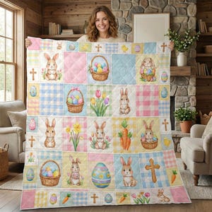 May include: A pastel Easter quilt with squares depicting bunnies, Easter eggs, baskets, crosses, and carrots. The patchwork design features pink, blue, and yellow gingham and solid squares, creating a cheerful aesthetic.