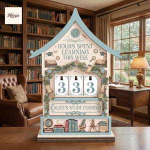 May include: A decorative wooden study corner sign with a light blue roof and base. The sign reads "HOURS SPENT LEARNING THIS WEEK" and "ALICE'S STUDY CORNER". It displays the number "333" on three small white cards. The sign is decorated with books and other study-related items.