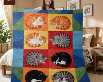 Colorful Sleeping Cat Quilt Blanket Cozy Lover Throw for Home Decor  Pet Lover Gift for Family Friends Warm Fleece Blanket for All Occasions