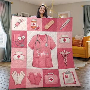 Manta de enfermera personalizada, manta médica rosa personalizada, regalo de héroe de la salud para la decoración de graduación de enfermería RN CNA