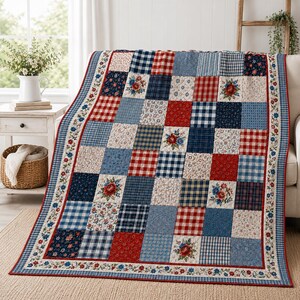 Patriotic Quilt Blanket, Americana Patchwork Throw, Red White Blue Floral Bedding, Farmhouse Sofa Cover, Fourth Of July Decor GIFT 2026