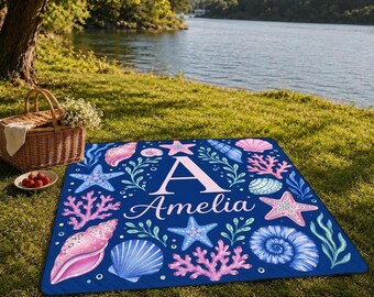 Custom Picnic Blanket, Personalized Beach Mat, Ocean Seashell Throw, Monogram Name Decor, Summer Vacation Accessory, Best Girl GIFT 2026