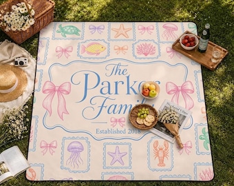 Custom Picnic Blanket Personalized Family Mat, Coquette Bow Beach Throw, Pastel Ocean Decor, Summer Vacation Keepsake, Best Family GIFT 2026
