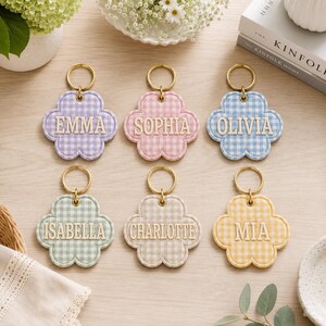 Personalized Embroidered Flower Keychain, Gingham Name Bag Charm, Custom Quilted Key Ring, Backpack Accessory, Girls Birthday GIFT 2026