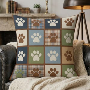 Dog Paw Print Patchwork Pillow, Pet Lover Cushion, Rustic Plaid Paw Pillow, Dog Mom Gift, Pet Memorial Decor, Farmhouse Style Pillow