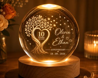 Lámpara de aniversario personalizada, luz nocturna de cristal personalizada, recuerdo de 10 años de amor, recuerdo con los nombres de la pareja, regalo romántico para la esposa, REGALO 2026