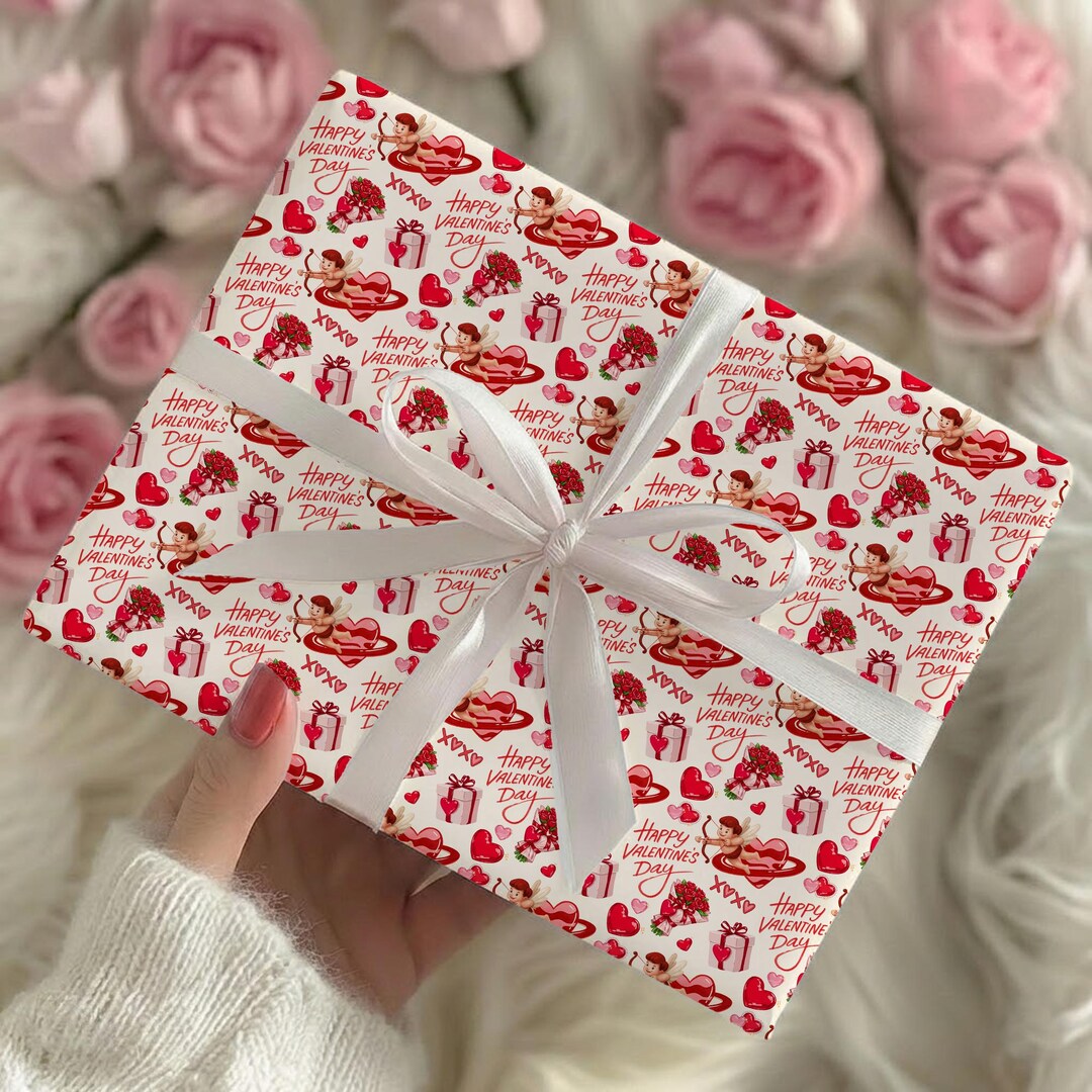 Happy Valentines Day Wrapping Paper Roll, Cute Cupid Heart Gift Wrap ...