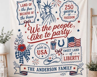Patriotic Party Blanket Gift 2026, Personalized America 250 Family Banner, July 4th Liberty Decor, USA Backyard Party Gift for Home Family