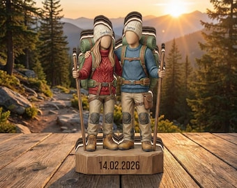 Figura de madera personalizada de pareja de excursionistas, recuerdo de aniversario con nombre personalizado, regalo para amantes de la aventura, decoración de boda de San Valentín, arte de mesa para el hogar.