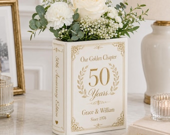 Gepersonaliseerde vaas 50e verjaardag, cadeau 2026, elegante gouden bruiloft boekplanter, bloemen middelpunt, aandenken cadeau paar, decor moeder vader