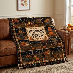 Può includere: Una coperta rettangolare con un motivo a griglia che presenta illustrazioni di zucche, uno spaventapasseri, un camion e lanterne. Il pannello centrale mostra il testo PUMPKIN PATCH in lettere nere su uno sfondo crema con foglie autunnali.