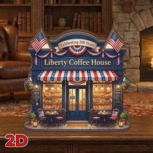Op de afbeelding: Een 2D-illustratie van het Liberty Coffee House, ter viering van 200 jaar. Het gebouw is blauw geschilderd met rode, witte en blauwe accenten, waaronder Amerikaanse vlaggen en een gestreepte luifel. Tafels en stoelen staan buiten.