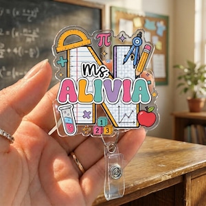 Math Teacher Badge Reel, Personalized School ID Holder, Geometry Compass Badge Clip, Cute Classroom Lanyard, Back To School Gift GIFT 2026