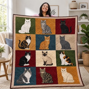 May include: A rectangular quilt featuring a grid of twelve square panels, each displaying a different cat breed in a seated pose. The background colors of the panels include shades of green, orange, red, blue, and beige, with a dark brown border.
