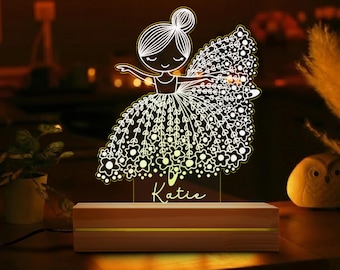 Lampada da notte personalizzata in acrilico con ballerina, lampada a LED con nome personalizzato per bambine, decorazione floreale per la danza, regalo per la cameretta dei bambini, compleanno 2026, luce per la cameretta.