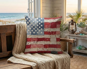 愛国的なアメリカ国旗のクッションカバー、素朴なパッチワークの沿岸農家風装飾、独立記念日のクッション、ご自宅用ヴィンテージキルトギフト