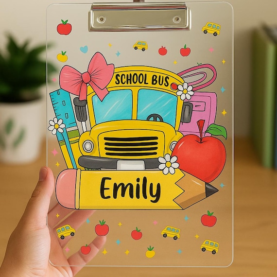 Personalized School Bus Acrylic Clipboard for Kids Custom Back to School Teacher Gift Name Clip Board Stationery for Girl Boy Classroom Use