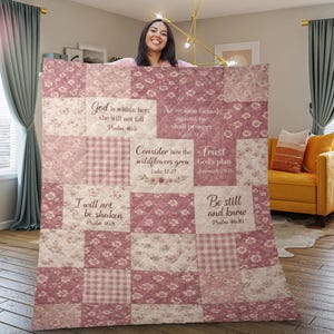 Christian Bible Verse Quilt Blanket, God Is Within Her Psalm 46:5 Throw, Inspirational Floral Patchwork Gift for Women Mom Daughter