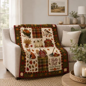 Fall Quilt Blanket, Autumn Harvest Throw, Hello Fall Harvest Decor, Pumpkin Fox Farmhouse Sofa Cover, Thanksgiving Gift For Her GIFT 2026