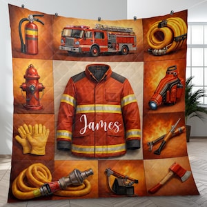 May include: A firefighter-themed quilt featuring a red fire truck, fire hydrant, and a firefighter's jacket with the name "James". The quilt also includes images of a fire extinguisher, gloves, and other firefighting tools.