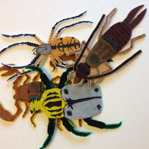 May include: A close-up of four felt insect cutouts: a brown and green earwig, a yellow and black beetle, a brown scorpion, and a yellow and black spider.