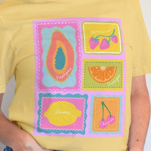 Funky Fruit Print Unisex T-shirt, Comfort Colors® Tropical Fruit T-Shirt, Cute Fruity Shirt, Cottagecore Lemon Citrus Strawberry, Summer Tee