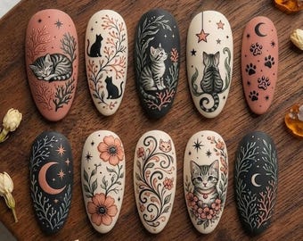 Unghie finte fatte a mano con gatti celesti / Unghie a mandorla con gattini carini e stravaganti / Unghie con luna magica e decorazioni floreali / Set di unghie feline incantate