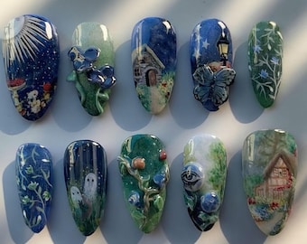 Cottagecore Press On Nails: Fantasy Night Sky, Mushrooms & Ghosts