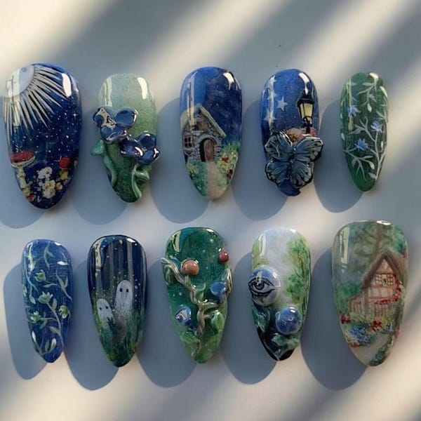 Cottagecore Press On Nails: Fantasy Night Sky, Mushrooms & Ghosts